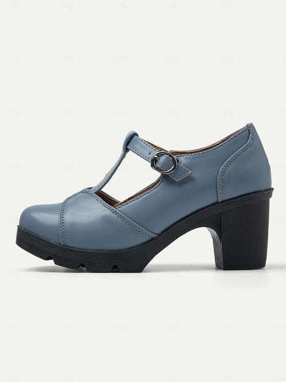 Women's Blue Mary Jane Chunky Heel Shoes - Retro T-Strap Design for Office and Casual Wear