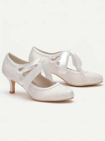 Women's White Lace Wedding Shoes with Ribbon Tie and Low Heel