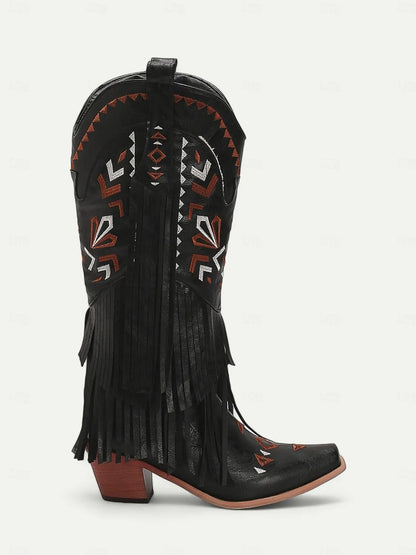 Women's Brown Faux Leather Fringe Western Cowboy Boots with Embroidered Details