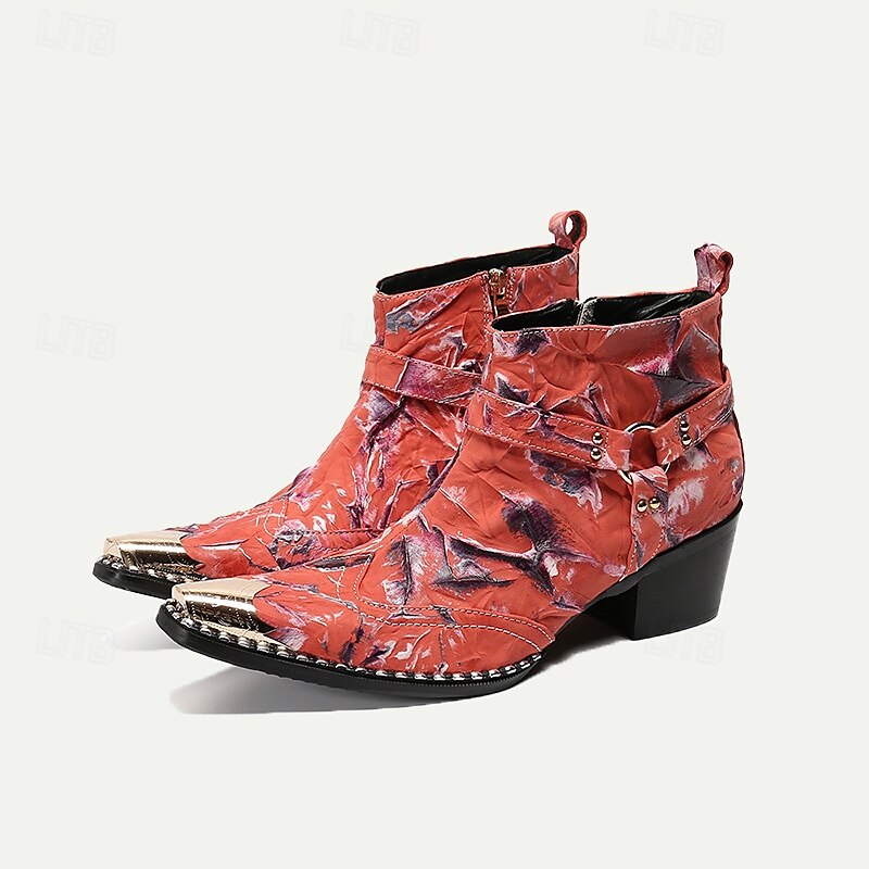 Men's Premium Cowhide Motorcycle Boots with Floral Design and Metal Toe Cap - Western Ankle Boots for Riding and Casual Wear