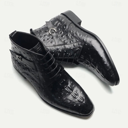 Men's Ostrich Embossed Leather Ankle Boots with Premium Cowhide and Lace-Up