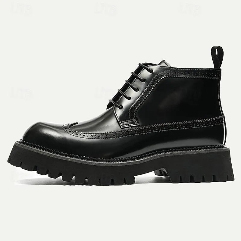 Men's Chunky Sole Brogue Boots - 100% Premium Cowhide Leather with Lace-Up Design - Tokiyos