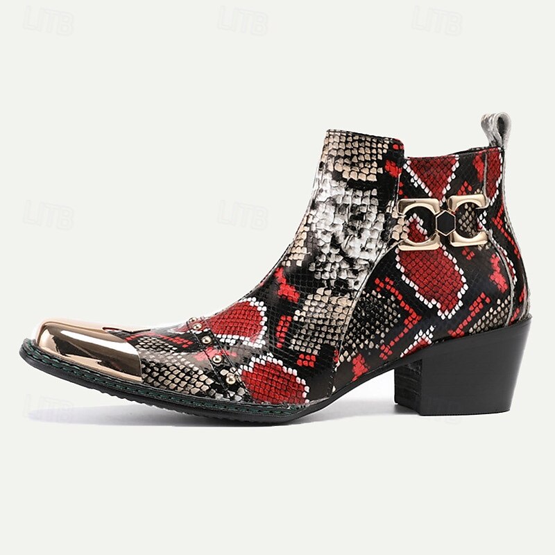 Men's Snake Print Leather Ankle Boots Premium Cowhide Red and Black Exotic Design