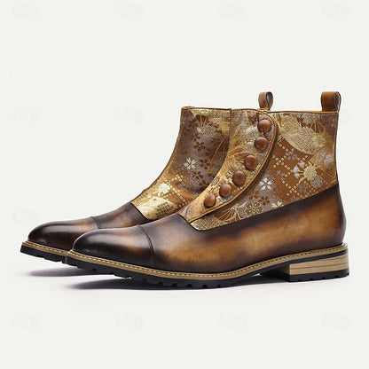 Men's Vintage Cowhide Leather Floral Brocade Ankle Boots with Button-Up Detail