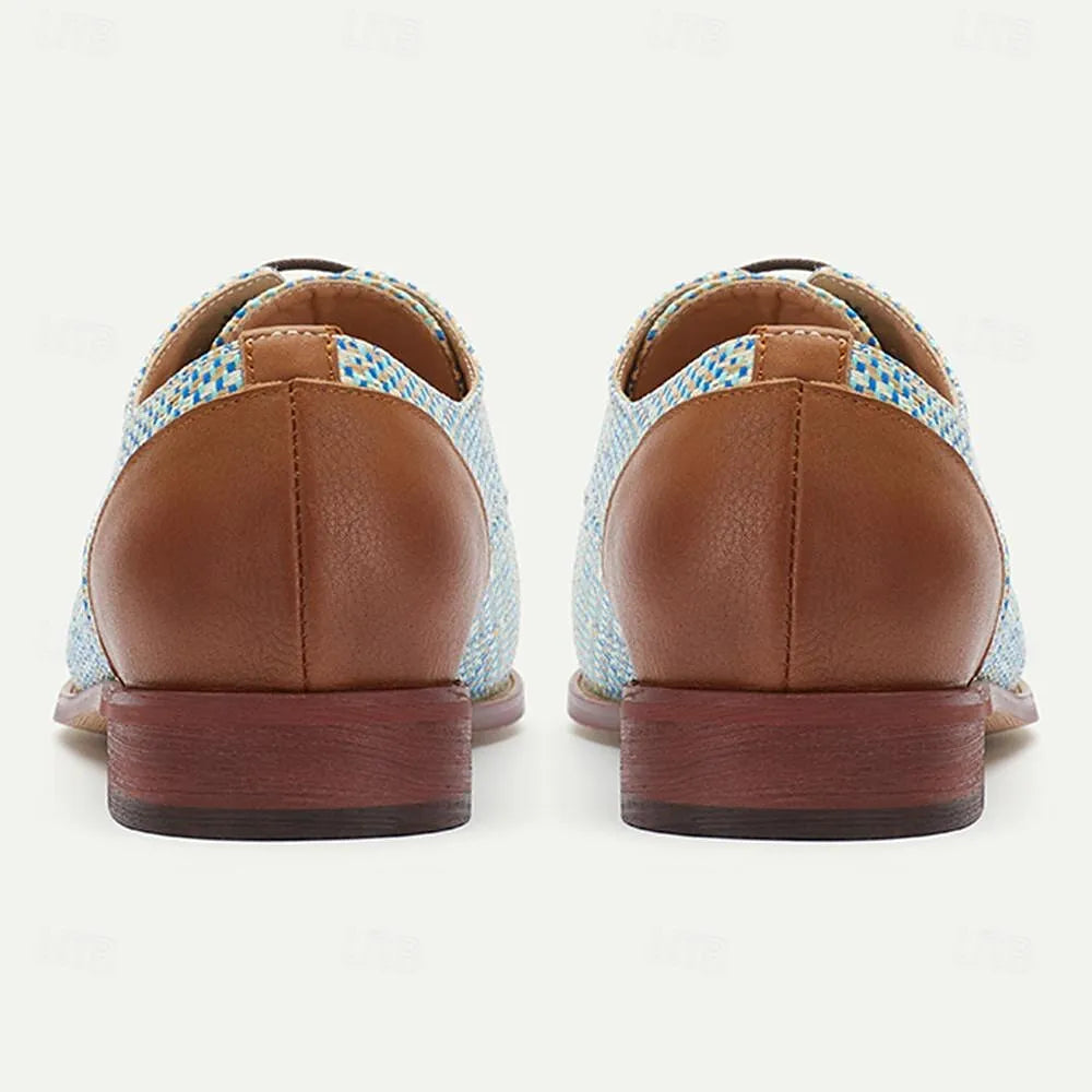 Men's Light Blue Woven Leather Oxford Shoes - Breathable Brown Lace-Up Casual Footwear