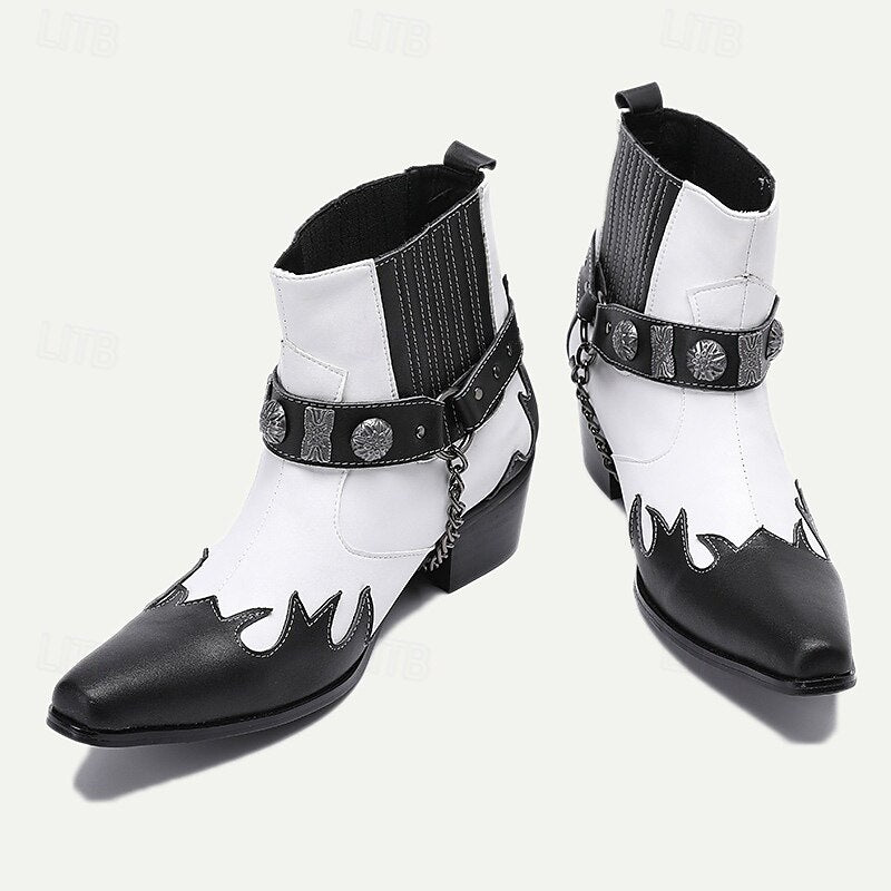 Men's Premium Cowhide Black and White Motorcycle Boots with Studded Strap, Chain Detail, and Western Style - Perfect for Riding and Casual Wear