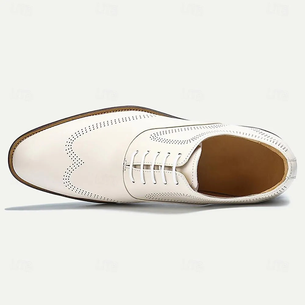 Men's White Leather Oxford Shoes with Perforation - Tokiyos