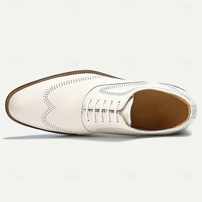 Men's White Leather Oxford Shoes with Perforation - Tokiyos