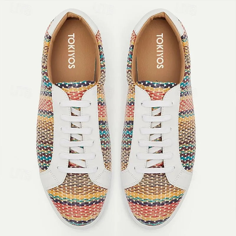 Men's Multicolor Woven Sneakers - Breathable White Lace-Up Casual Shoes