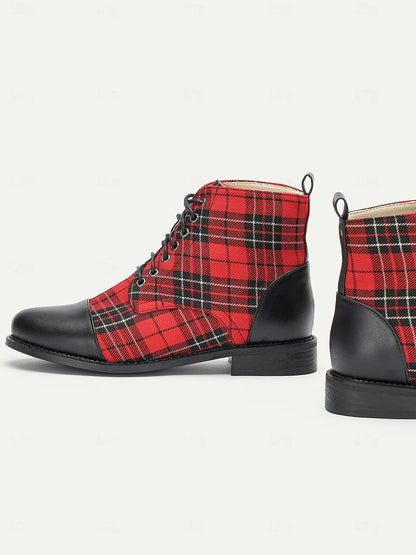 Women's Red Tartan Plaid Ankle Boots with Black Leather Toe Cap