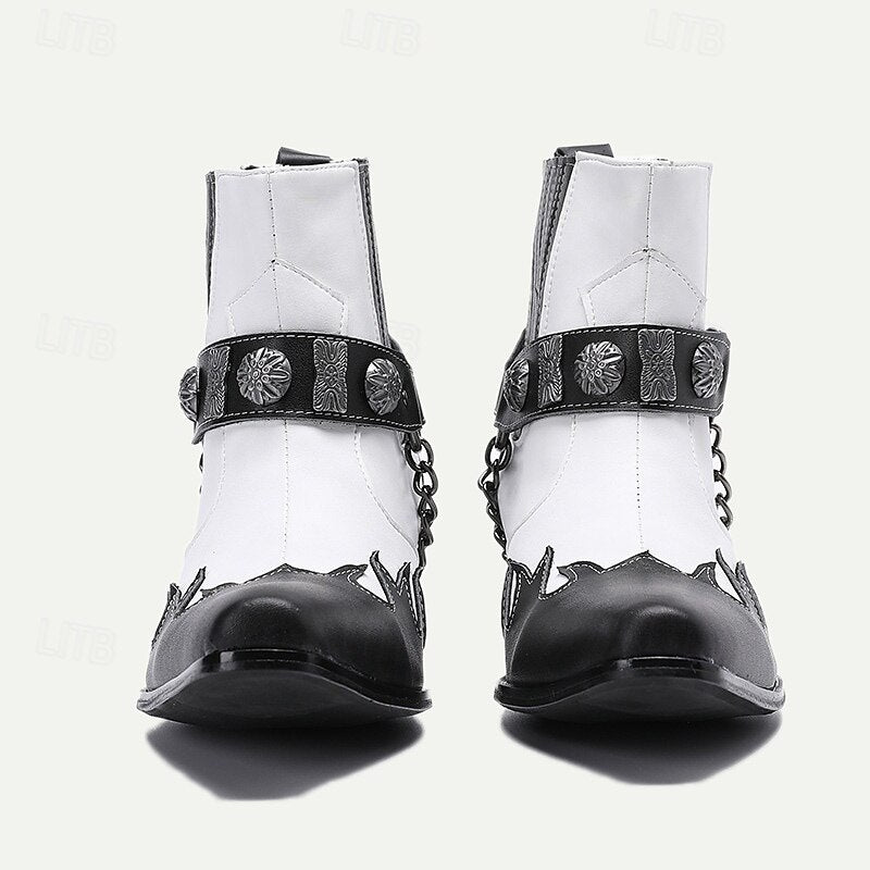 Men's Premium Cowhide Black and White Motorcycle Boots with Studded Strap, Chain Detail, and Western Style - Perfect for Riding and Casual Wear