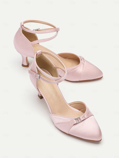 Women's Pink Satin Ankle Strap Heels with Bow Detail