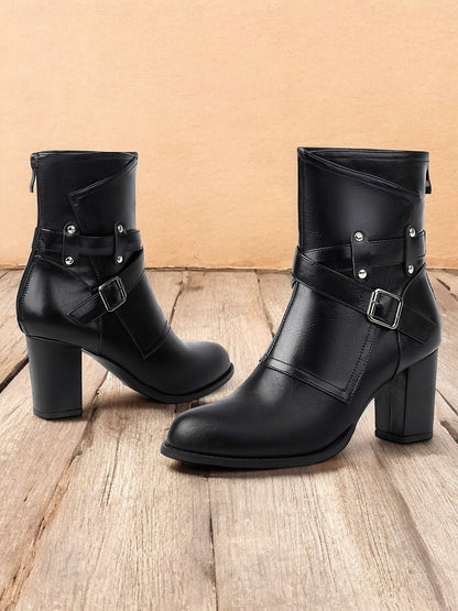 Women's Green Ankle Boots with Buckle Straps – Chunky Block Heel, Zip Closure, Perfect for Fall and Winter Fashion