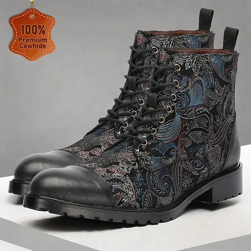 Men's Black Premium Cowhide Lace-Up Boots with Multicolored Patterns and Rugged Sole