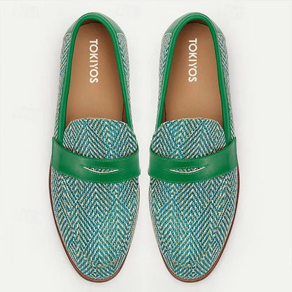 Men's Green Woven Loafers - Breathable Patterned Slip-On Casual Shoes