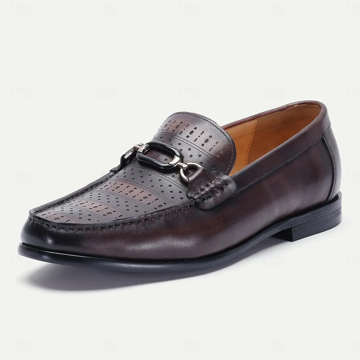 Men's Loafers Perforated Brown Leather Gunmetal Horsebit - Tokiyos