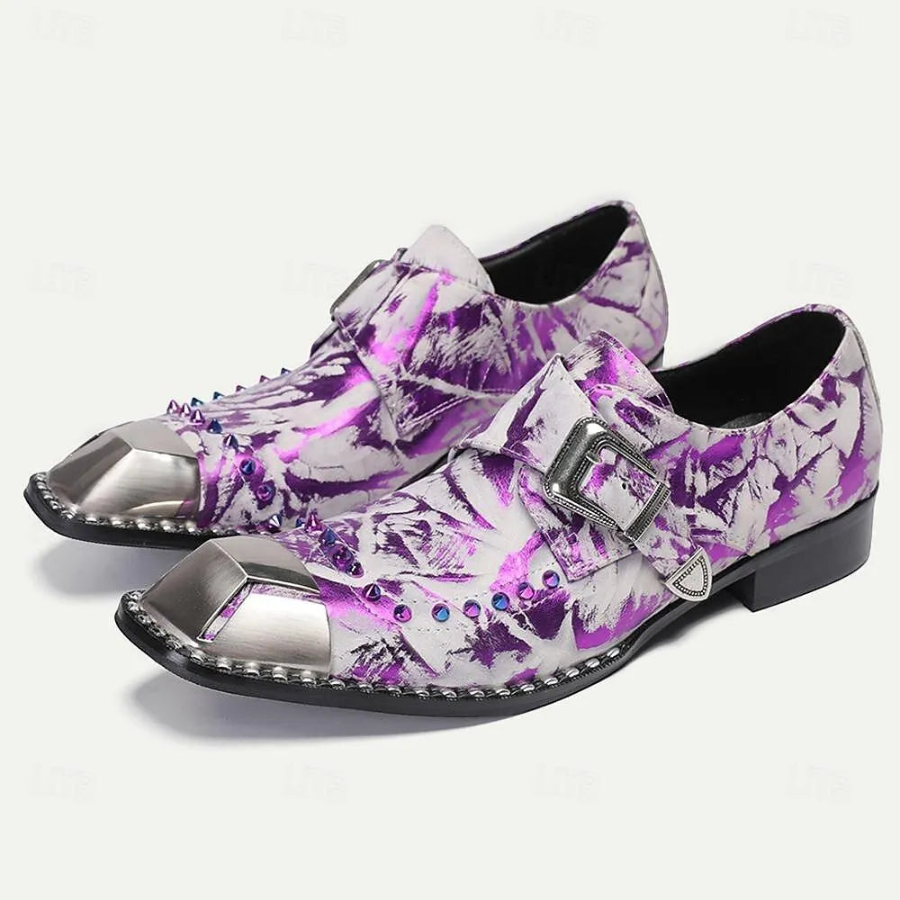 Men's Metallic Purple Printed Leather Shoes with Buckle and Spikes - Tokiyos