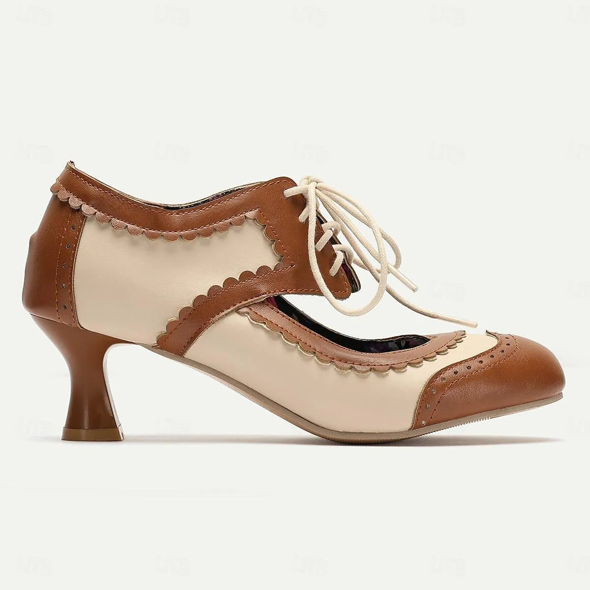 Women's Two-Tone Oxford Heels with Lace-Up Front and Floral Insole - Tokiyos