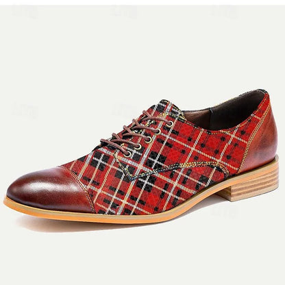 Men's Premium Cowhide Red Plaid Dress Shoes with Brown Accents