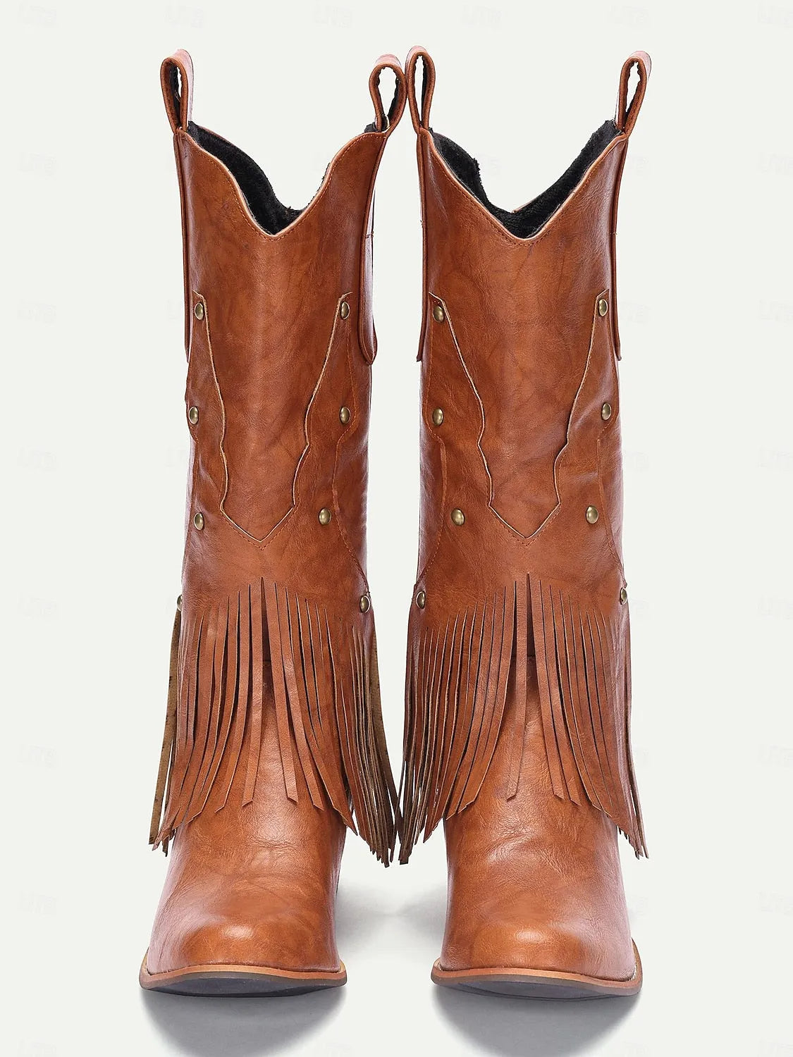 Women's Brown Faux Leather Western Cowboy Boots with Fringe Detail