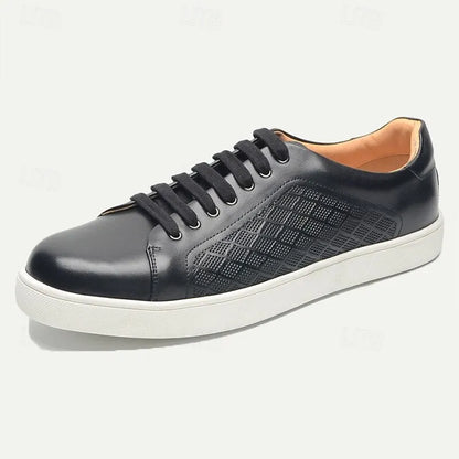 Men's Black Leather Sneakers with Mesh Panel Design - Casual Lace-Up Low-Top Shoes for Everyday Wear