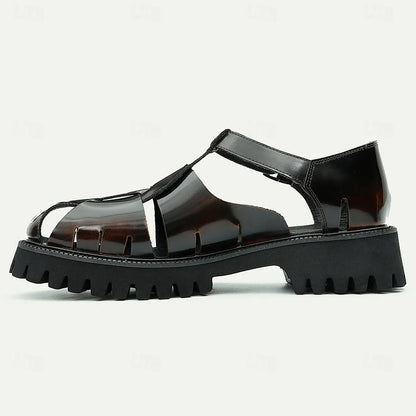 Men's Chunky Brown Leather Roman Sandals Closed-Toe Fisherman Style - Tokiyos