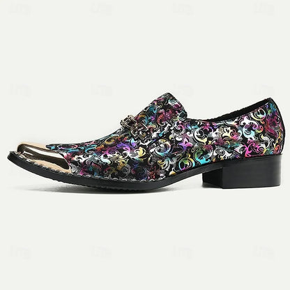 Men's Multicolor Pattern Loafers - Stylish Slip-On Dress Shoes with Metallic Toe Cap - Tokiyos