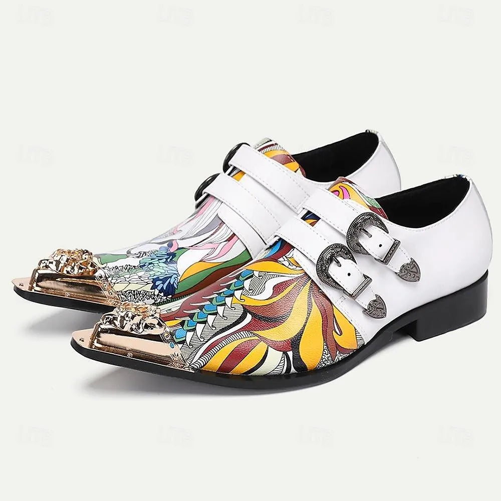 Men's White Monk Strap Shoes Colorful Artistic Print Lion Head Buckles - Tokiyos