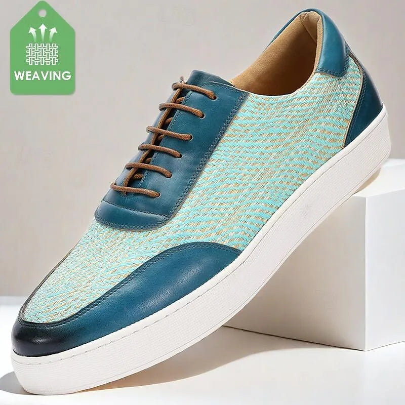 Men's Blue Woven Leather Sneakers - Breathable Light Blue Lace-Up Casual Footwear