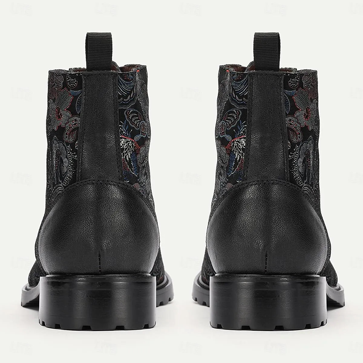 Men's Black Premium Cowhide Lace-Up Boots with Multicolored Patterns and Rugged Sole