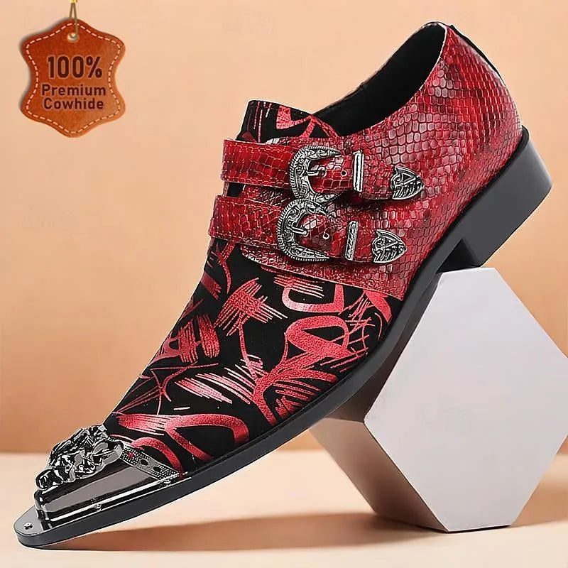 Men's Red Leather Dress Shoes with Graphic Print and Double Buckles - Bold Formal Footwear - Tokiyos