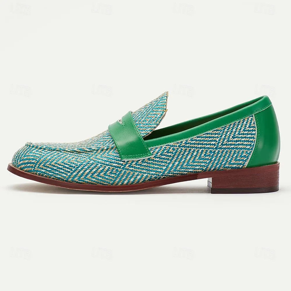 Men's Green Woven Loafers - Breathable Patterned Slip-On Casual Shoes