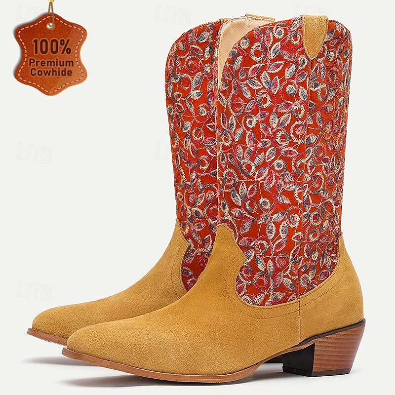 Men's Premium Cowhide and Jacquard Fabric Western Cowboy Boots with Multicolor Embroidery-Vintage Style Boots for Ranch and Outdoor Wear