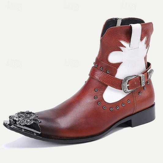 Men's Brown and White Premium Cowhide Motorcycle Boots with Western Style, Metal Dragon Toe Cap, and Buckle Strap - Ideal for Riding and Cowboy-Inspired Fashion