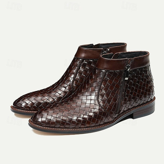 Men's Woven Leather Ankle Boots - Dark Brown, Side Zipper, Stylish Dress Boots