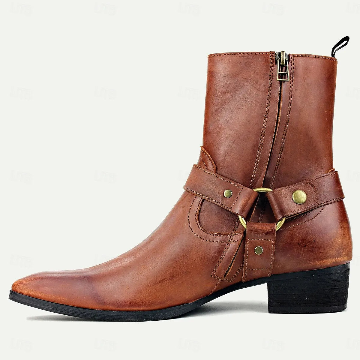 Men's Handmade Goodyear Welted Leather Ankle Boots with Harness Strap and Side Zipper