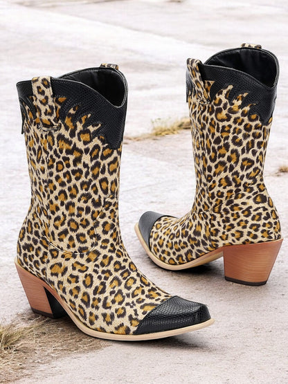 Women's Leopard Print Western Cowboy Boots with Black Faux Leather Accents