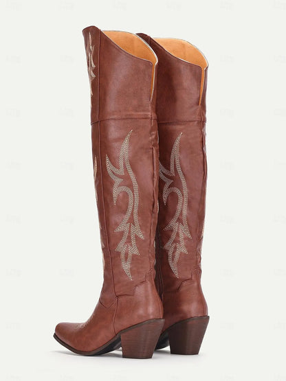 Women's Brown Western Over-the-Knee Cowboy Boots with Intricate Embroidery and Block Heel - Stylish and Comfortable High Boots for All Seasons