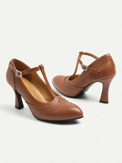 Women's Brown T-Strap Heeled Mary Jane Shoes with Brogue Detailing - Vintage Style High Heel Dress Shoes for Elegant Occasions