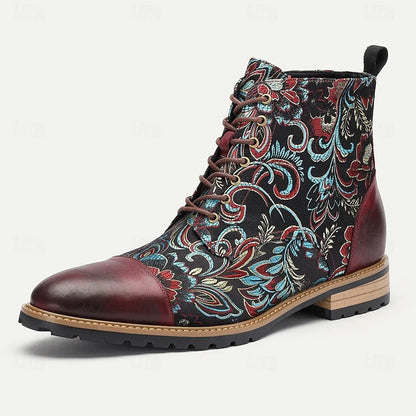 Men's Premium Leather Floral Oxford Boots Bohemian Lace-Up Ankle Boots