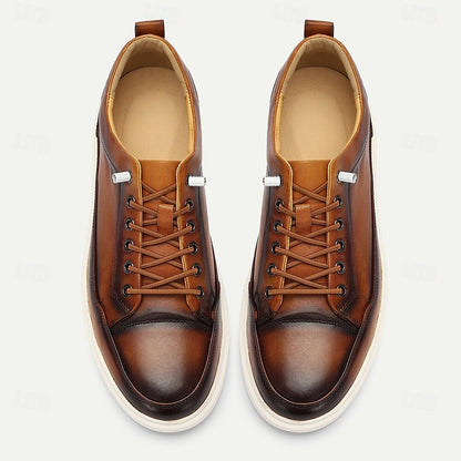 Men's Premium Cowhide Leather Casual Sneakers Vintage Brown Gradient Lace-Up