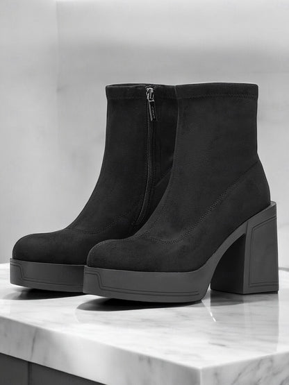 Women's Black Suede Platform Ankle Boots – Chunky High Heel Design for Casual and Party Wear