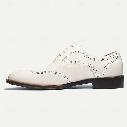 Men's White Leather Oxford Shoes with Perforation - Tokiyos