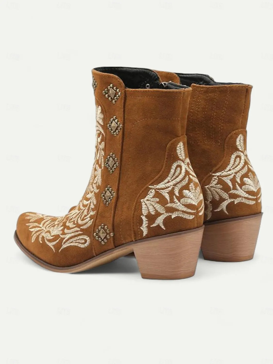 Women's Brown Embroidered Western Ankle Boots with Studded Details - Perfect for Casual Outings and Rodeo Events