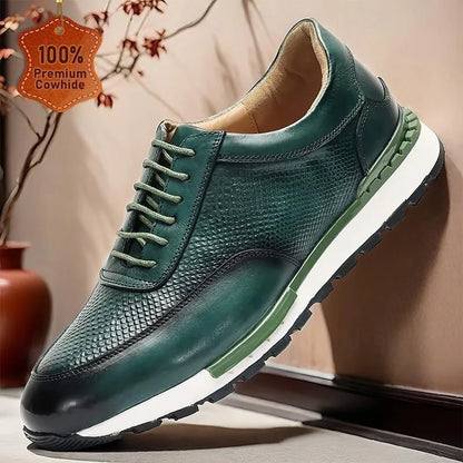 Men's Sneakers Textured Green Leather Two-Tone Rubber Sole - Tokiyos