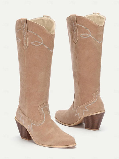 Women's Light Brown Suede Western Cowboy Boots with Embroidered Details - Stylish Mid-Calf Boots for All Seasons