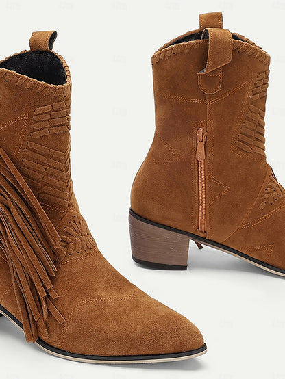 Women's Faux Suede Fringe Western Cowboy Boots Vintage-Style Ankle Boots for Festivals and Riding