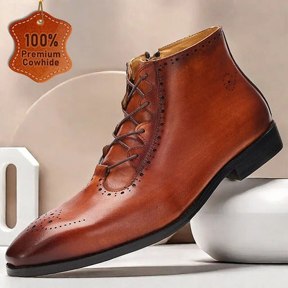 Men's Brown Lace-Up Ankle Boots with Brogue Detailing Premium Cowhide Leather