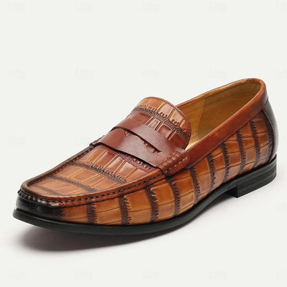 Men's Brown Crocodile Print Leather Penny Loafers - Tokiyos