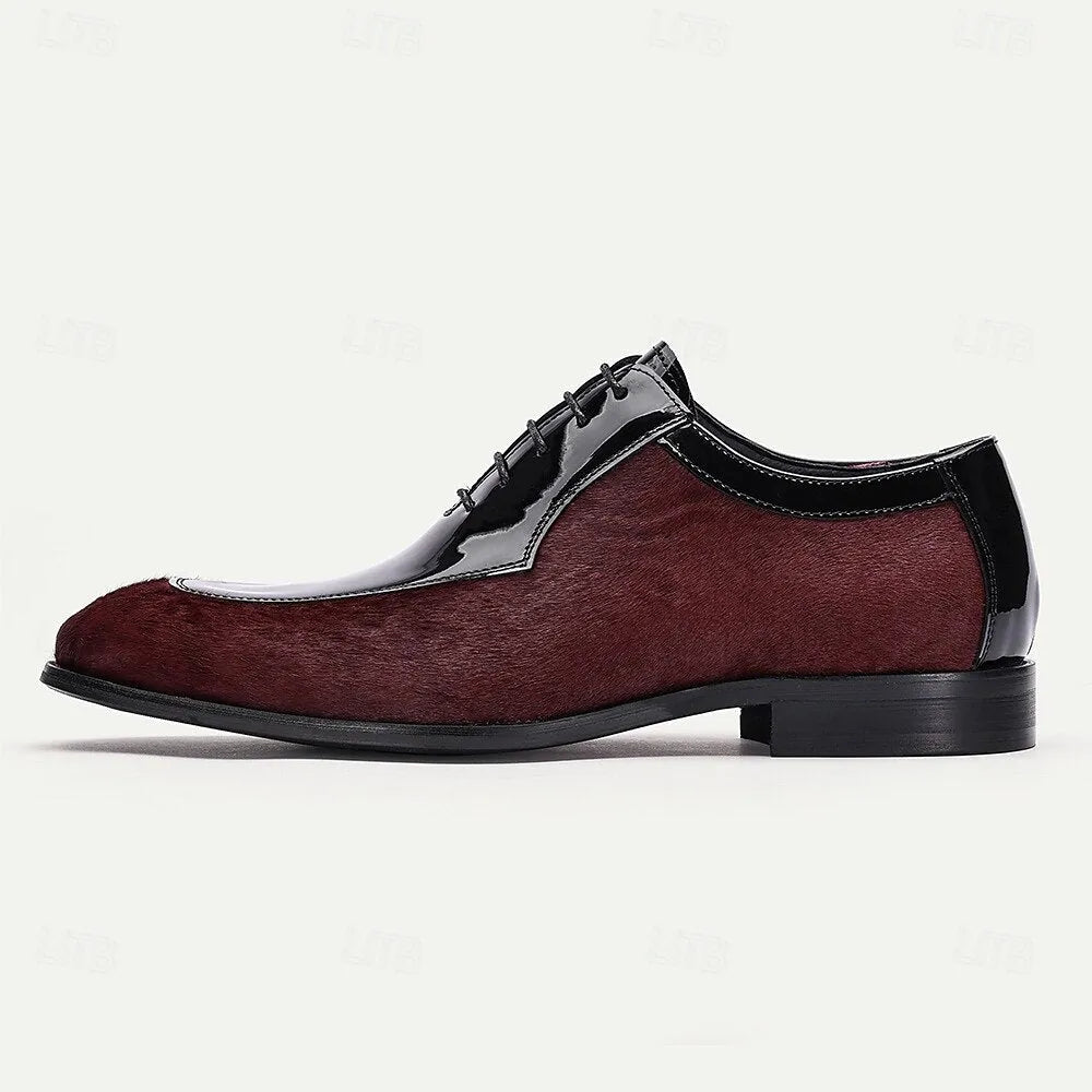 Men's Patent Leather and Pony Hair Oxford Shoes, Burgundy and Black Luxury Dress Shoes for Formal Events and Business Attire